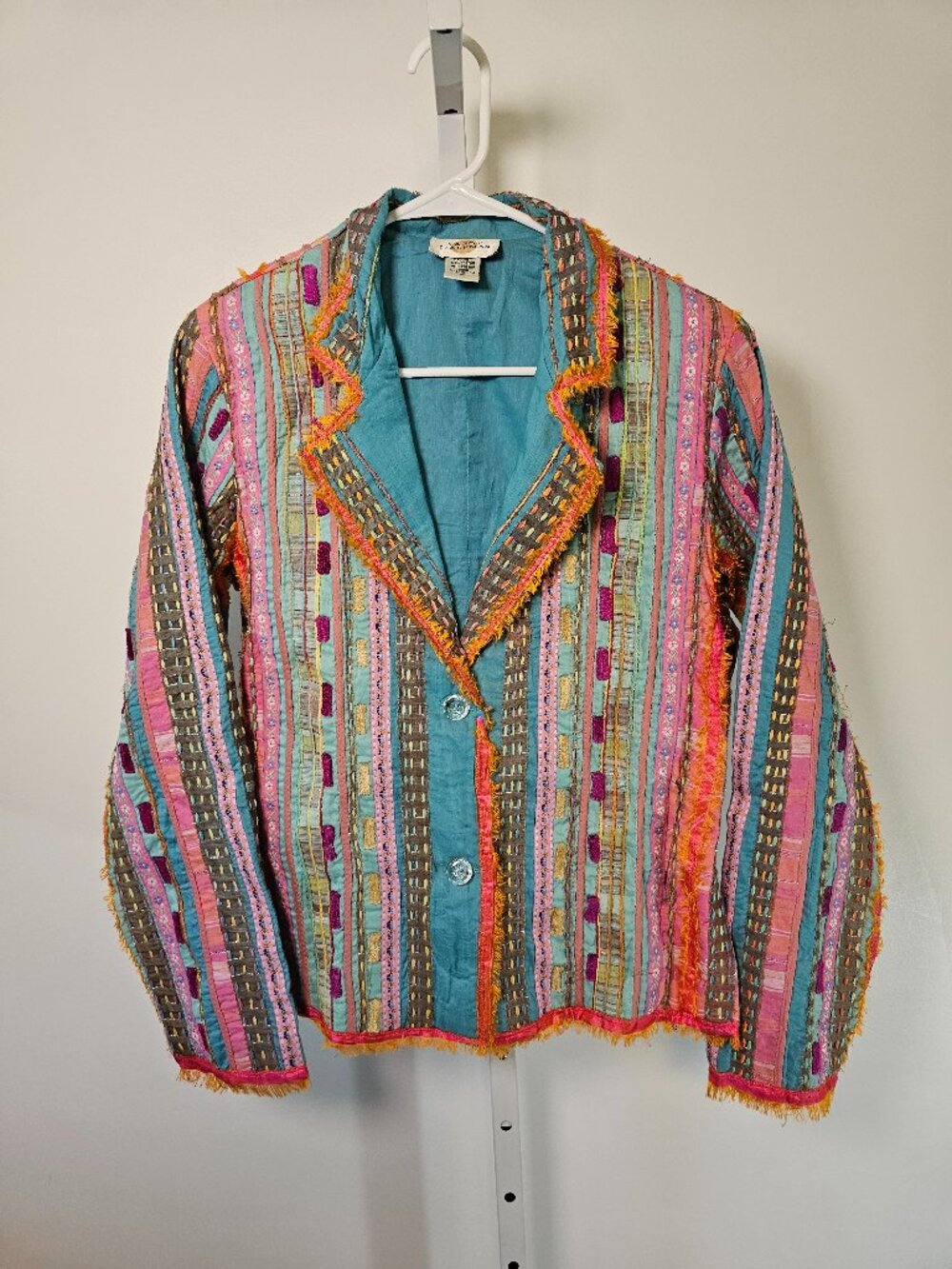 Sandy Starkman Jacket Blue Pink Artsy Stripes Festival Mixed Media Fringe M